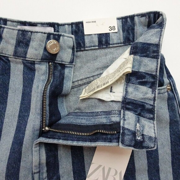 Zara Women's Striped Denim Jean Shorts High Rise Hi-Waist Blue Modern Chic NWT 6 - Picture 12 of 14